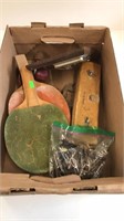 Box of old wrenches, door hardware, ping-pong