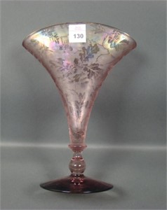 Fostoria Lavender Brocaided Acorn Fan Vase.