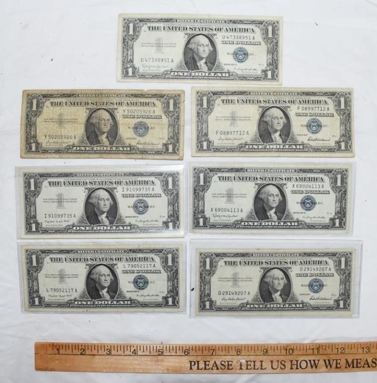 7 ONE DOLLAR SILVER CERTIFICATES - SERIES 1957