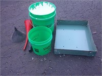 tray, buckets, funnels, dried paint in one bucket