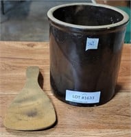 BROWN HIGH CROCK WITH VTG. WOOD BUTTER PADDLE
