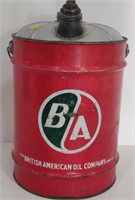 VINTAGE B/A 5 GALLON OIL CAN INCL CONTENTS