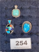turquoise sterlling ring & 2 turquoise pendants