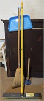 Push broom, toilet plunger and broom and dust pan