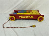 Vintage 1960’s Playskool Red Wooden Wagon W blocks