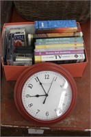 Books, cassettes, CD's, DVD's, clock