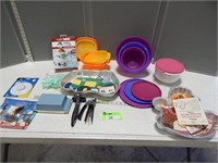 Tupperware, cake decorating items, cookie cutters
