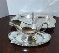 Crescent silverplate gravy boat and tray.