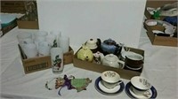 2 boxes teapots, cups and saucers and Scottish