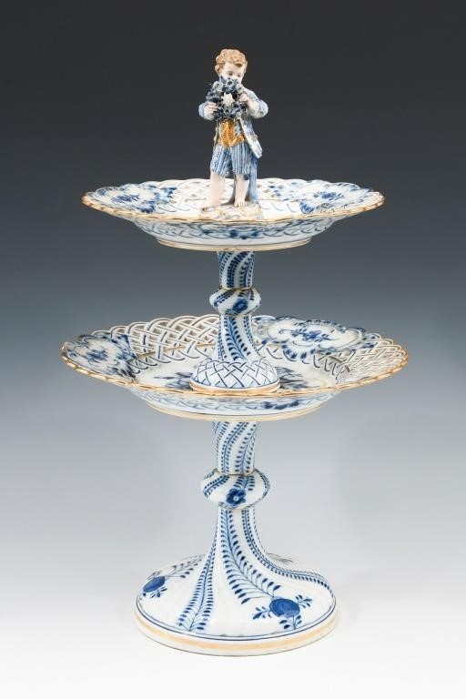 MEISSEN TWO-TIERED PIERCED COMPOTE WITH FIGURE