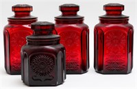 Wheaton Ruby Red Glass Jars W Flower Motifs, 4