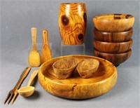 8 Wooden Bowls + 4 Wooden Utensils