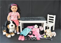 Large Lot Maplelea Doll Clothes, Table, Dog & Doll