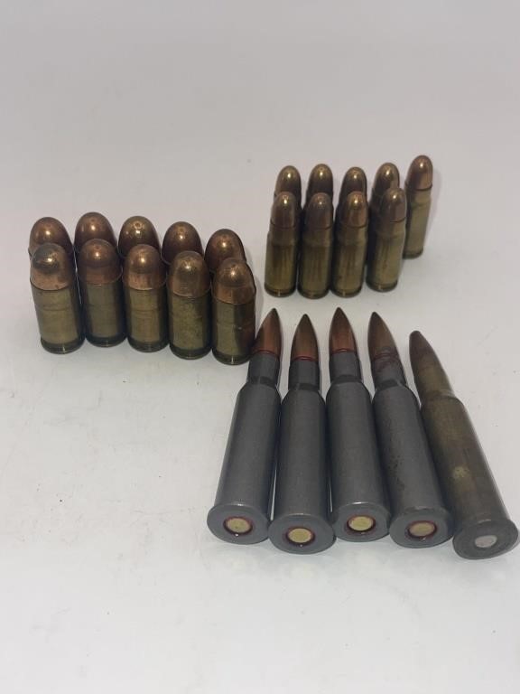 26 Assorted Bullets, 45 Cal., British 303, and 9