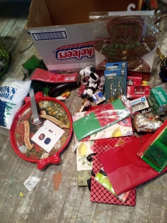 Lot of Christmas decor, gift bags, window candles