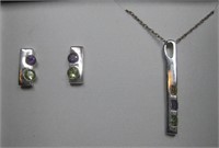 SS Multi Stone Necklace & Earrings - Hallmarked