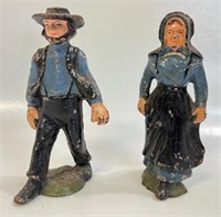 TWO HAND PAINTED CAST IRON AMISH FIGURINES