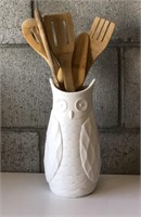 Ceramic Owl Utensil Holder w/Content