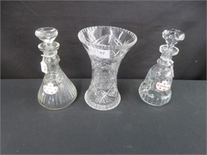 2 CRYSTAL DECANTERS W/ TAGS & 1 CRYSTAL VASE