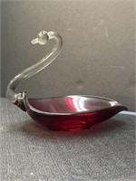 Red & clear art glass swan candy/trinket dish