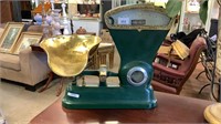 SET OF GREEN CAST AND BRASS FOOD SCALES