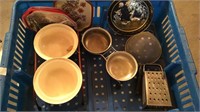 Vintage grater, strainer, tin plates, dog bowls,