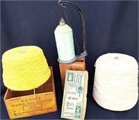 2 LARGE SPOOLS THREAD YARN 1899 HOLDER &WOOD CRATE