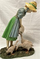Resin figure of young girl feeding geese 12"