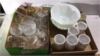 ASSORTMENT OF WHITE GLASS DISHES, AND CLEAR GLASS