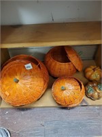 3 Wicker Baskets & 2 Ceramic Pumpkins