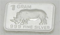 1 gram Silver Ingot - Rhino, .999 Fine Silver