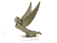 Winged Female Nude Hood Ornament w Marble Base