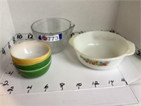 Glass mixing bowls, 2 green, 1 yellow, 1 clear, 1