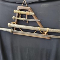 Antique Thai Dha Sword and Dagger set embossed