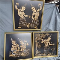 3 MCM Thailand paintings on silk measures 18"aq