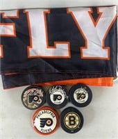 6pc PHI Flyers Signed Pucks & Flag+