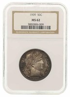 1909 US BARBER 50C SILVER COIN NGC MS62