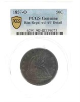 1857-O US SEATED LIBERTY 50C SILVER COIN PCGS AU D