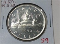 1952 N W L  (ms63) Canadian Silver Dollar