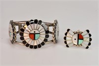 Indian Zuni Sunburst Inlay Bracelet Matching Ring