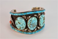 Amazing Turquoise & Coral Cuff Bracelet Signed