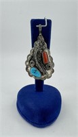 Navajo Sterling Silver Turquoise Coral Pendant