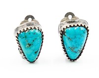 Signed PF Navajo Turquoise Sterling Earrings