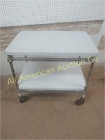 ANTIQUE INDUSTRIAL ROLLING CART WITH PORCELAIN TOP