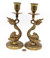 Pr. Vtg. Brass Dolphin Fish Candle Holders