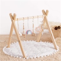 Wooden Baby Gym with 6 Baby Toys, Foldable Baby Pl