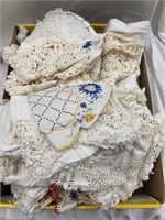 Box of linens,  lots of handwork crocheting and