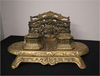 Gold Gilt Brass Double Inkwell & Paper Stand