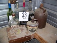 (2) Crocks, A Wooden Box & (7) Assorted Bottles