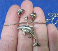 sterling dolphin pendant -20in chain -earrings